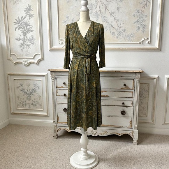 Ralph Lauren Black Label Paisley Surplice Stretch Jersey Faux Wrap Midi Dress 10 - Picture 1 of 9
